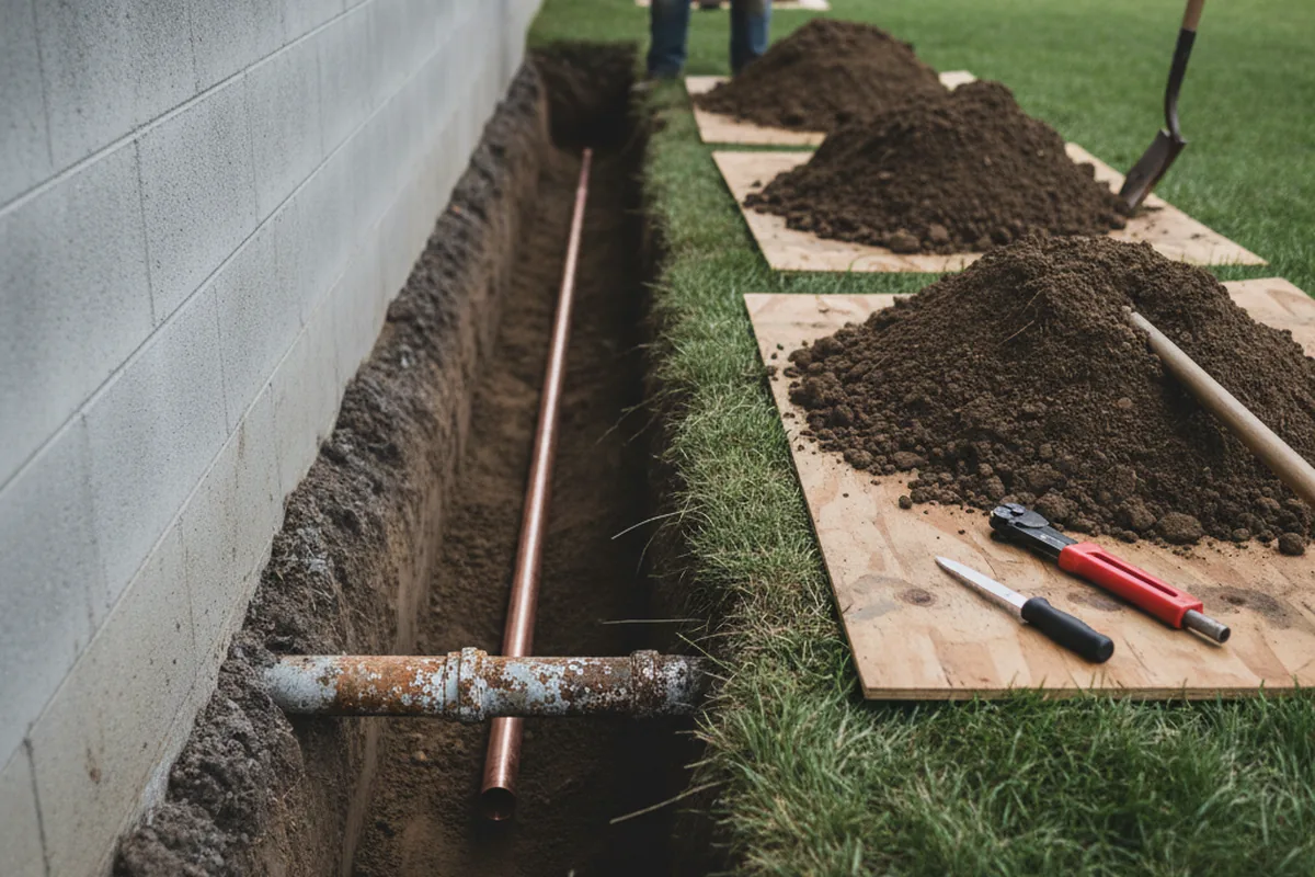 Excavated water line trench during Water Softener Installation in Wilmington